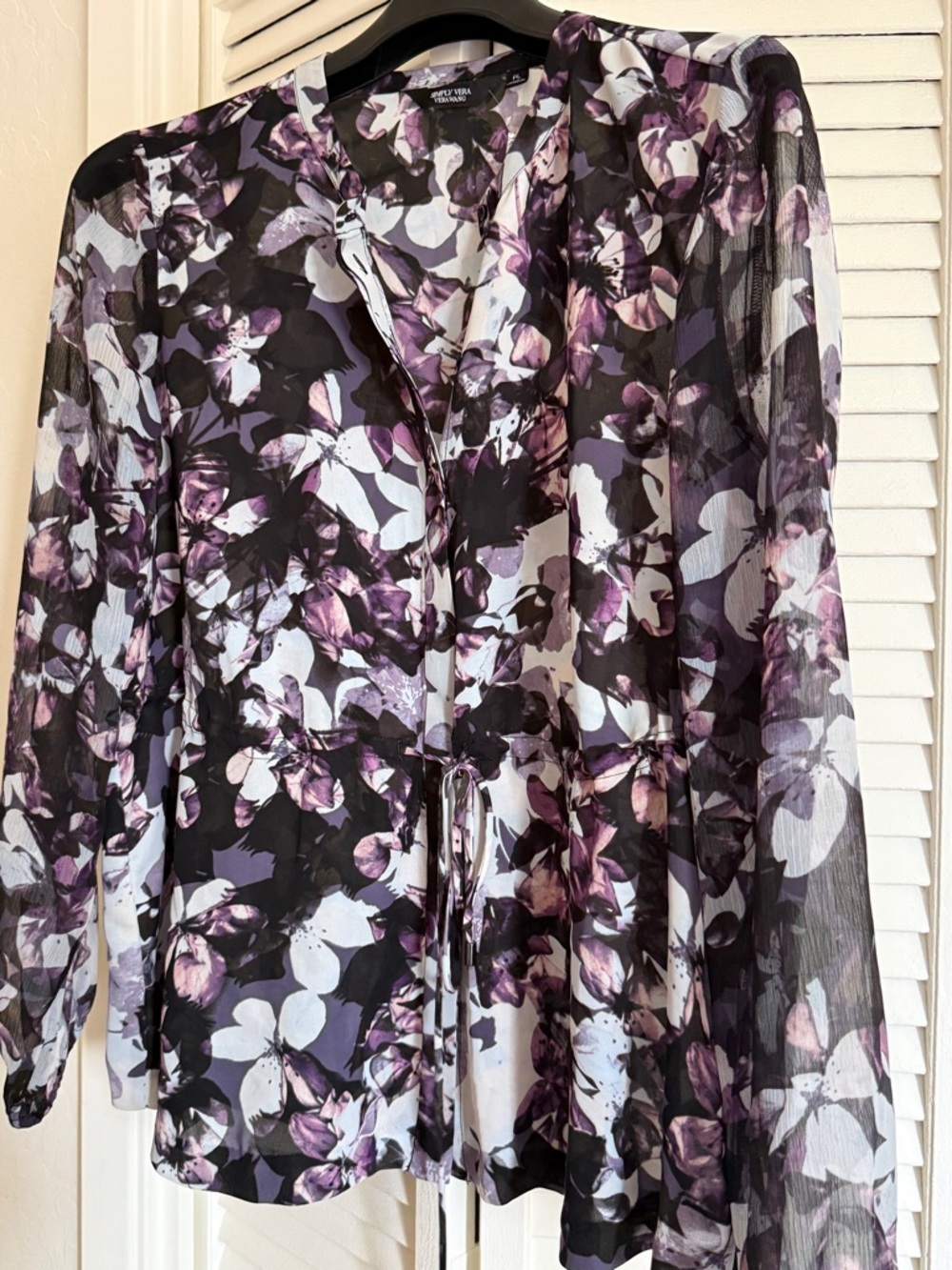 Simply Vera Vera Wang Black and Purple Floral Tie-Front Sheer Blouse